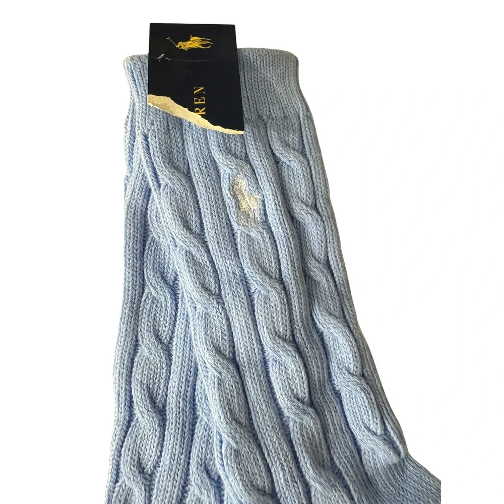 Polo Ralph Lauren Womens Cable Knit Crew Socks Light Blue Embroidered Pony 9-11